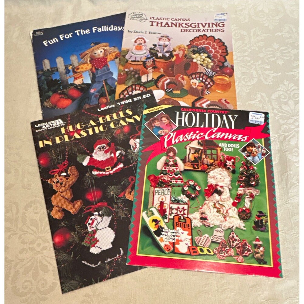 Vintage Holiday Plastic Canvas Pattern Booklet Lot 4 Thanksgiving Christmas Fall